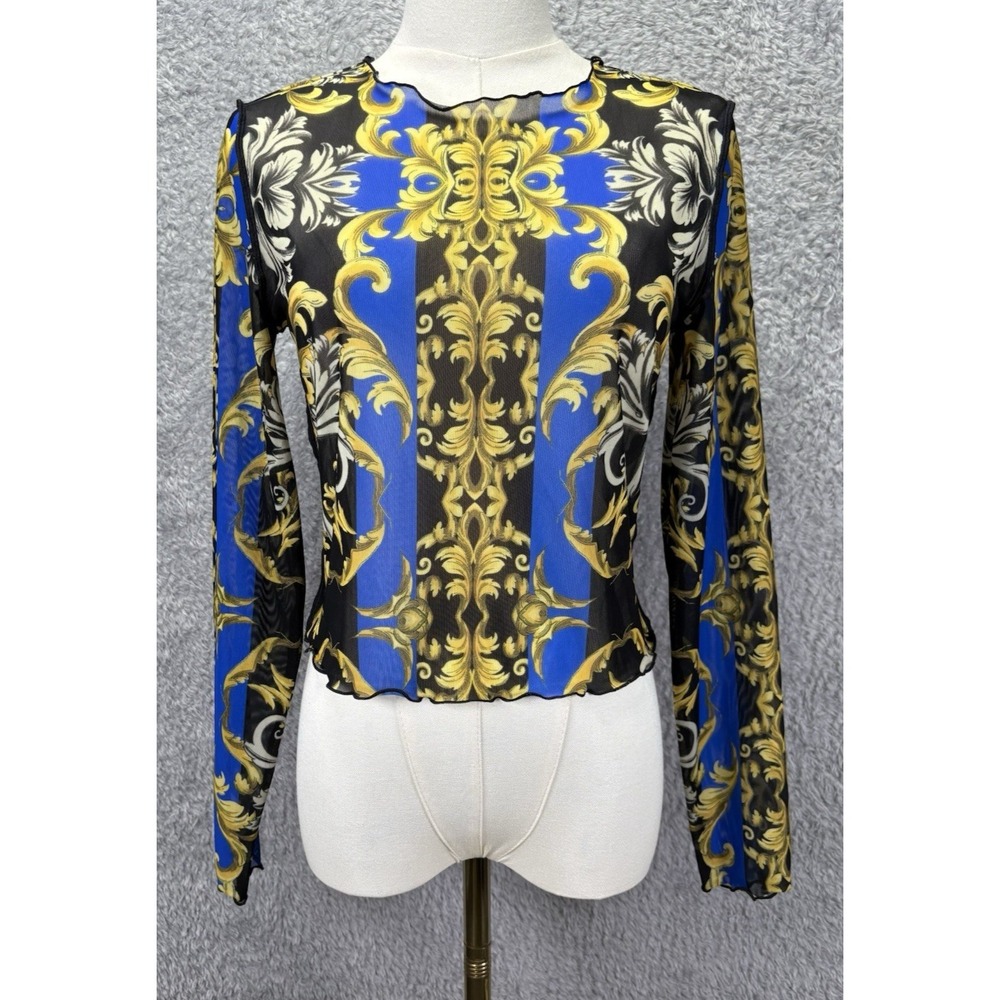 Alice + Olivia Delaina Cropped Top M Blue Sheer Long Slv Regal Romance Sapphire